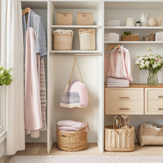 A bright and airy closet with a mix of open and closed storage, featuring a natural wood shelf, woven baskets, and a few neatly hung garments in pastel hues, surrounded by blooming flowers.