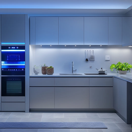 A modern, minimalist kitchen with sleek countertops and a large, wall-mounted touchscreen display showing a 3D layout of the kitchen, surrounded by sensor-equipped cabinets and drawers with soft-glow LED lights.