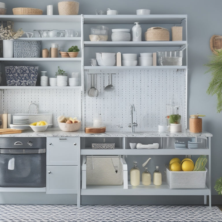 A clutter-free kitchen with sleek, modern cabinets featuring pull-out shelves, a pegboard with hanging utensils, and a cart with labeled baskets, set against a calming, soft-gray background.