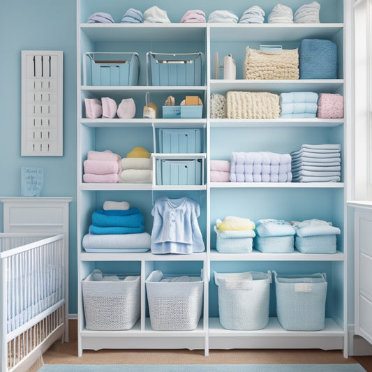 A serene nursery closet with soft, white shelves, and a gentle, pastel blue background. Folded baby clothes are stacked neatly, with matching baskets and bins labeled with tiny, colorful icons.