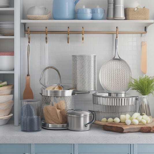 A clutter-free kitchen counter with a stainless steel utensil organizer, a tiered metal stand holding three small appliances, and a wall-mounted shelf with three woven baskets.