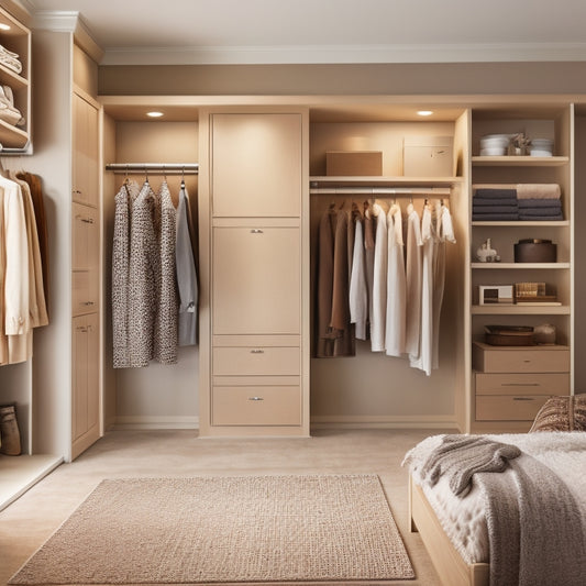 A serene, well-lit bedroom with a floor-to-ceiling custom closet featuring soft-close drawers, shelves, and rods in a warm wood tone, surrounded by calming beige walls and plush carpeting.