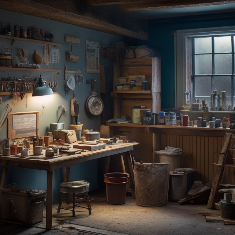 A well-lit, organized workspace with a wooden workbench, various DIY tools, and a partially renovated room in the background, with a ladder, paint cans, and a few scattered renovation materials.