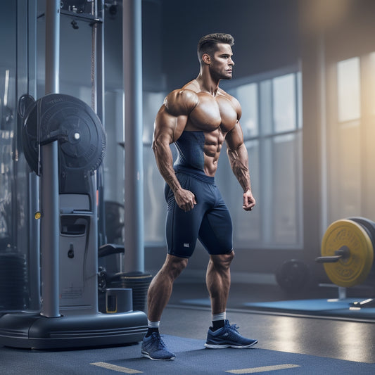 A fit individual in mid-exercise, surrounded by sleek, modern equipment, with a Power Plate machine prominently featured, amidst a blurred background of a high-end gym or studio.