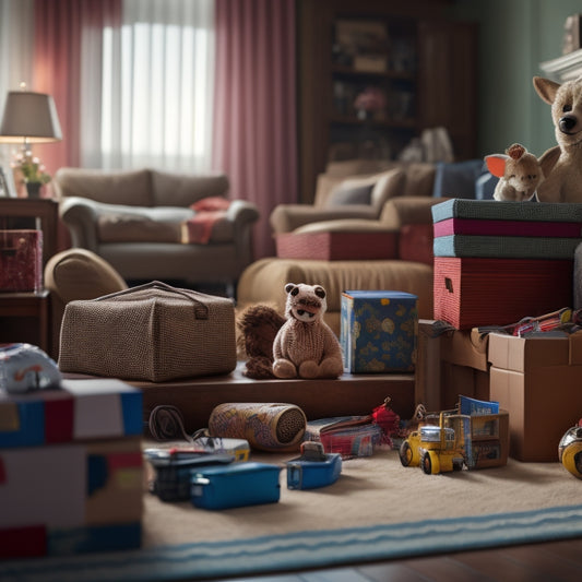 An overcrowded living room with stacked boxes, scattered toys, and tangled cords, with a faint outline of a tidy space in the background, highlighting the need for organized storage.