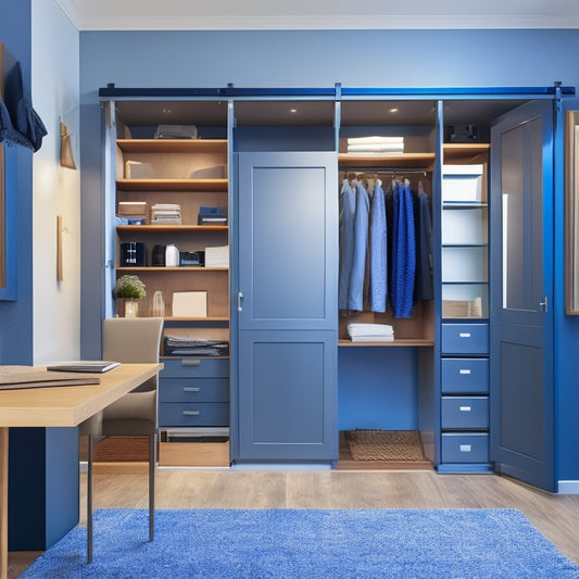 A modern, sleek, and organized closet interior with sliding doors, shelves, and drawers, surrounded by a subtle background of blueprints and design sketches, with a laptop and design tools nearby.
