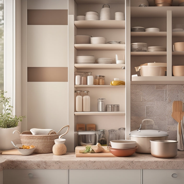 A tidy, modern kitchen cabinet with Tupperware organizers in warm, neutral tones, showcasing neatly arranged cookware, utensils, and dinnerware, surrounded by soft, natural light.