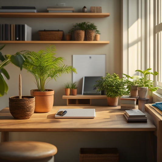 A tidy, minimalist workspace with a wooden desk, a small potted plant, and a few carefully arranged storage bins and baskets in the background, illuminated by natural light.
