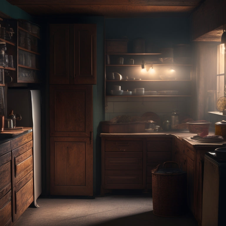 A dimly lit kitchen with worn wooden cabinets, doors slightly ajar, revealing cluttered shelves, expired cans, and mysterious shadows, with a few eerie rays of light peeking through the cracks.