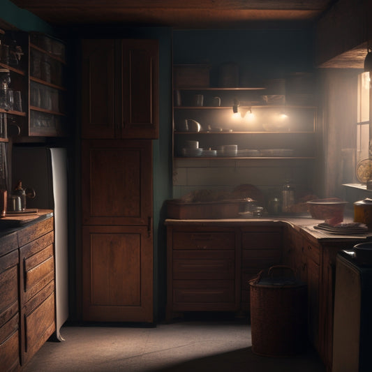A dimly lit kitchen with worn wooden cabinets, doors slightly ajar, revealing cluttered shelves, expired cans, and mysterious shadows, with a few eerie rays of light peeking through the cracks.
