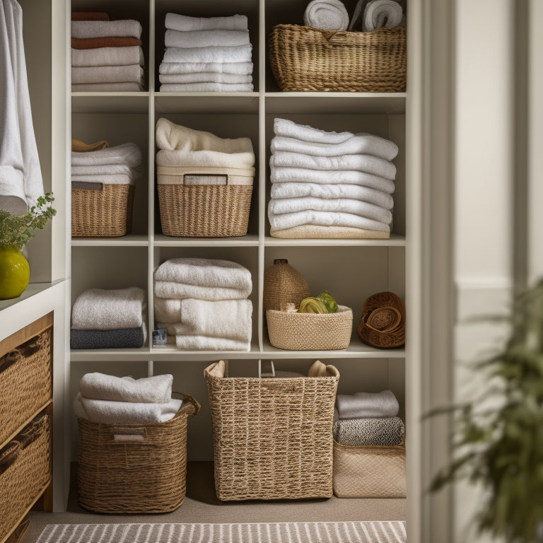 A tidy linen closet with stackable woven baskets, adjustable shelves, and a built-in laundry sorter, illuminated by a soft, warm light, with a few folded towels and a hint of a botanical print in the background.