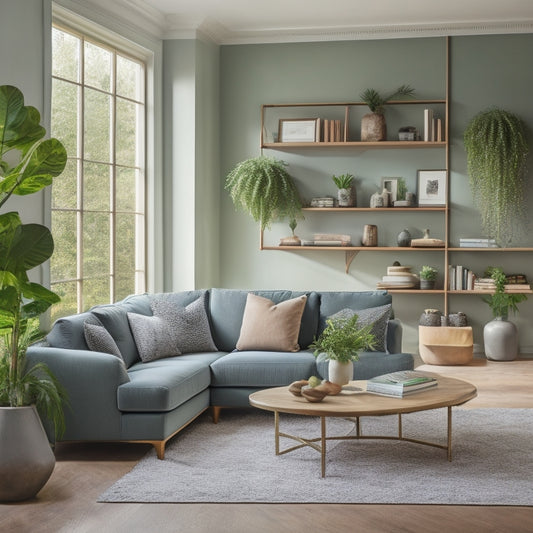 A serene, well-lit living room with a floor-to-ceiling shelving unit, a curved sectional sofa, and a minimalist coffee table, surrounded by lush green plants and a statement light fixture.