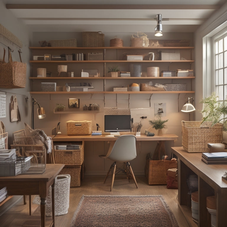 A tidy, well-lit home office with a wooden desk, surrounded by floor-to-ceiling shelves, featuring labeled baskets, woven storage bins, and a pegboard with hanging organizers and hooks.