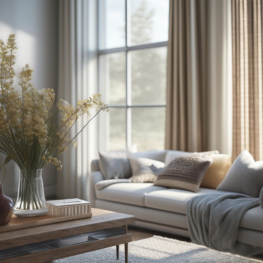 A serene, clutter-free living room with a few, carefully-placed decorative items, a vase with fresh flowers, and a subtle hint of natural light peeking through the blinds.