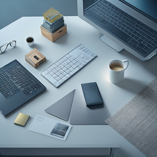 A futuristic, minimalist desk with a sleek laptop, a few neatly organized folders, and a small, gleaming digital storage device, surrounded by a subtle grid of lines and faint digital circuit patterns.