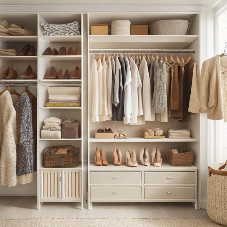 A bright, organized closet with Cream-colored walls, a wooden floor, and a mix of hanging rods, shelves, and storage bins, featuring a few stylish outfits and shoes neatly arranged.