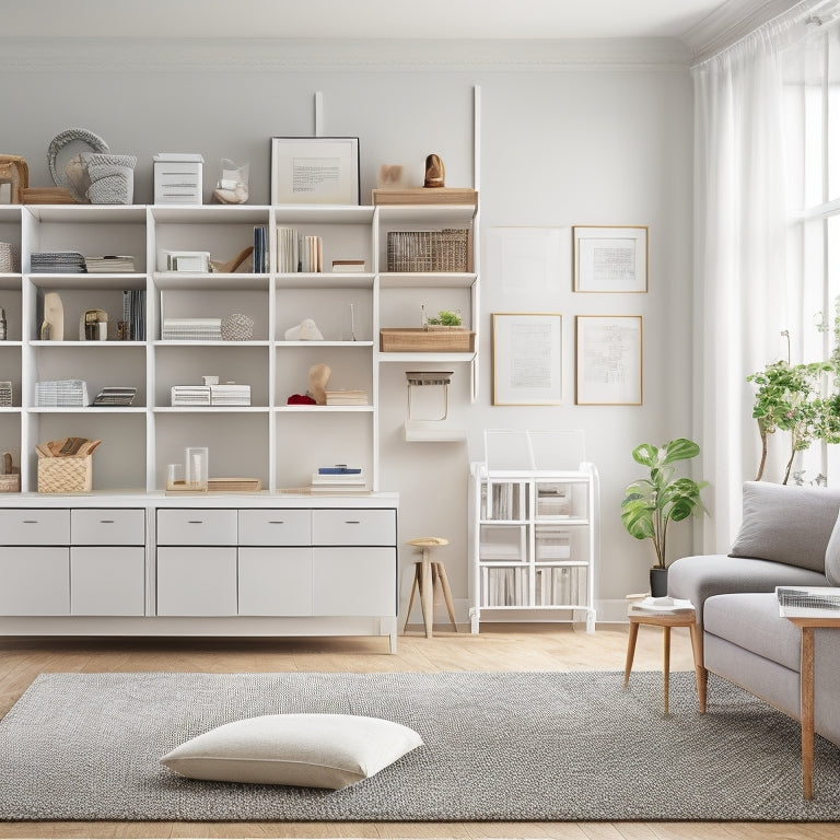 A clutter-free living room with a sleek, white shelving unit, transparent storage bins, and a wooden desk with rolled-up blueprints and a pencil, set against a light gray background.