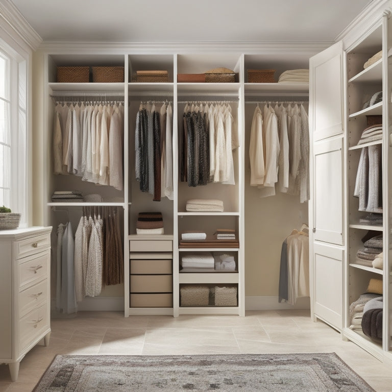 A serene, well-lit closet with cream-colored walls, dark wood shelves, and a plush area rug, featuring a central island with a built-in dresser, a three-way mirror, and a clothes rack with neatly hung garments.