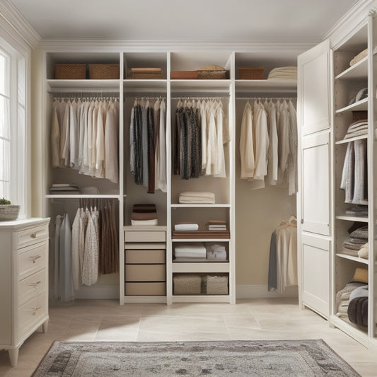 A serene, well-lit closet with cream-colored walls, dark wood shelves, and a plush area rug, featuring a central island with a built-in dresser, a three-way mirror, and a clothes rack with neatly hung garments.