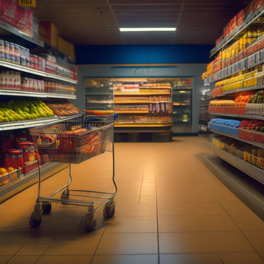 An empty grocery cart parked in front of a sparse, dimly lit Harris Teeter store shelf with a few scattered, out-of-place products and faint shadows of missing items.