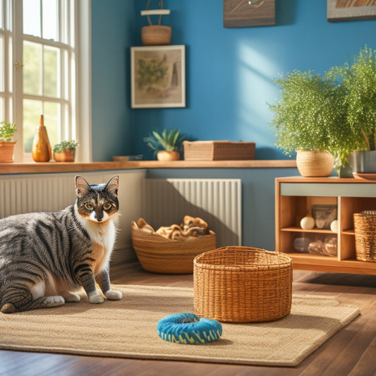 A serene living room with a cat lounging on a couch, a dog's toys neatly stored in a woven basket, and a tidy pet food station with a wooden cabinet and two stainless steel bowls.