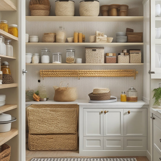 A tidy, light-filled kitchen with a transformed pantry: shelves repainted soft gray, baskets woven from natural fibers, and glass jars filled with neatly labeled dry goods, against a backdrop of warm, honey-colored wood.