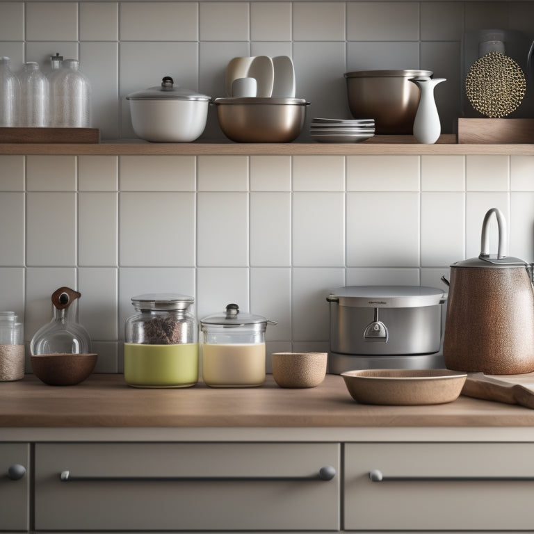 A tidy kitchen countertop with a few strategically placed containers, a wooden utensil organizer, and a minimalist wall-mounted shelf, surrounded by a soft, warm glow and subtle kitchen appliances in the background.