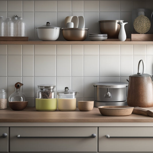 A tidy kitchen countertop with a few strategically placed containers, a wooden utensil organizer, and a minimalist wall-mounted shelf, surrounded by a soft, warm glow and subtle kitchen appliances in the background.