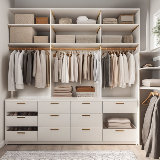 A serene, minimalist closet interior with a neutral color palette, featuring a mix of open shelving, drawers, and hanging rods, all neatly organized with a few stylish, high-quality garments and accessories.