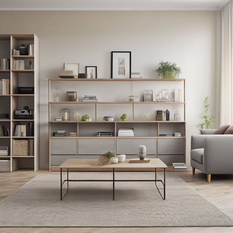 A tidy, modern living room with a minimalist aesthetic, featuring a wall-mounted shelf with neatly stacked boxes, a sleek coffee table with hidden storage, and a floor-to-ceiling bookcase with baskets.