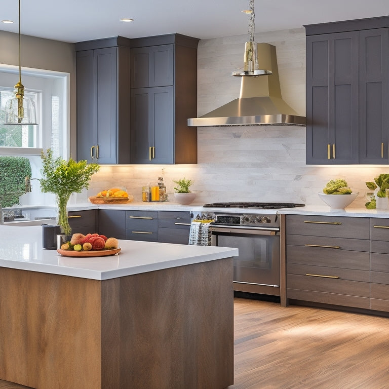 A modern U-shaped kitchen with sleek, high-gloss cabinets, quartz countertops, and a large island featuring a built-in cooktop, pendant lighting, and a stylish backsplash in a geometric pattern.