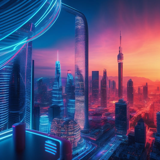 A futuristic cityscape at sunset with sleek skyscrapers, neon lights, and holographic projections, featuring a giant, glowing smartphone screen displaying a stylized, swirling vortex of customer profiles and data.