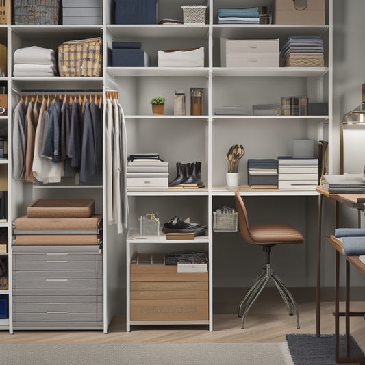 An organized closet space with IKEA shelving units and storage bins, surrounded by design tools like a laptop, sketchbook, and pencils, with a subtle IKEA catalog in the background.