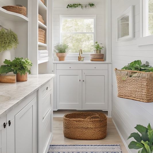 A bright and airy laundry closet with white shiplap walls, a farmhouse sink, and custom cabinetry featuring a mix of open shelving and drawers, adorned with woven baskets and a few potted plants.