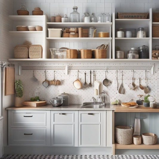 A tidy kitchen with a wall-mounted pegboard holding utensils, hooks, and baskets, adjacent to a floor-to-ceiling cabinet with pull-out drawers and adjustable shelves, amidst a warm, natural-light-filled background.