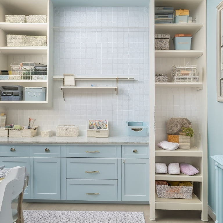 A serene, well-lit craft room closet with custom shelves, baskets, and bins in pastel hues, featuring a pegboard with hung tools and a compact, organized worktable in the center.