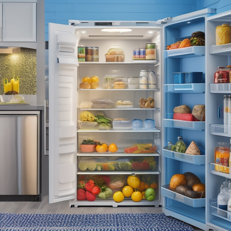 A sleek, modern refrigerator with open doors, revealing a tidy interior featuring colorful baskets, labeled containers, and a geometric pattern of organized food and drinks on adjustable shelves.