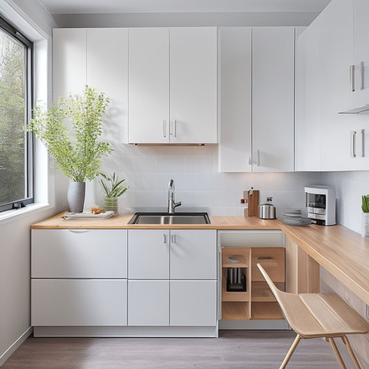 A minimalist, modern tiny home kitchen with a compact refrigerator, a microwave oven mounted under a wooden countertop, and a sink with a retractable faucet, surrounded by sleek, white cabinets.