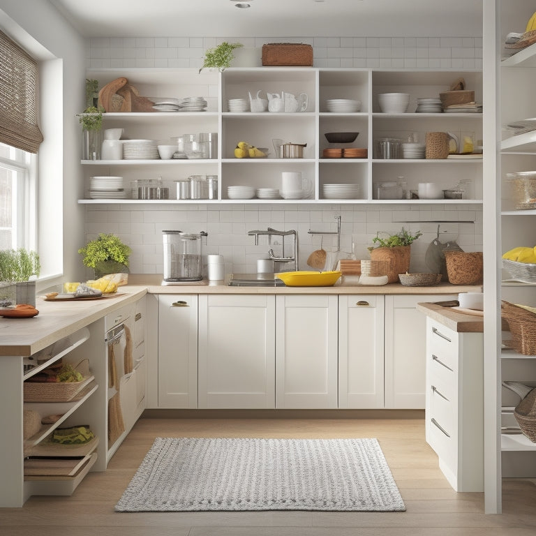 A tidy kitchen with a sleek, white island in the center, featuring a compact step stool with a slide-out storage compartment filled with utensils and cookbooks.