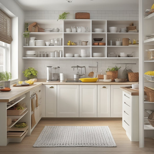 A tidy kitchen with a sleek, white island in the center, featuring a compact step stool with a slide-out storage compartment filled with utensils and cookbooks.