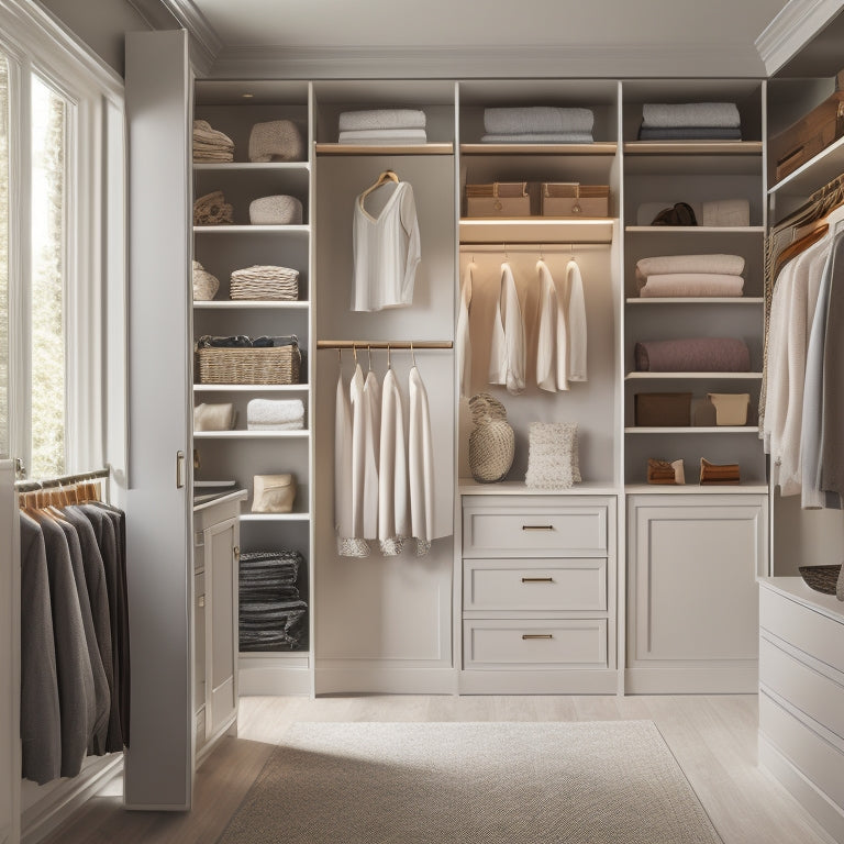 A serene, well-lit closet interior with custom shelving, double rods, and a built-in dresser; a few stylish garments and accessories artfully arranged, with a neutral color palette and minimal ornamentation.