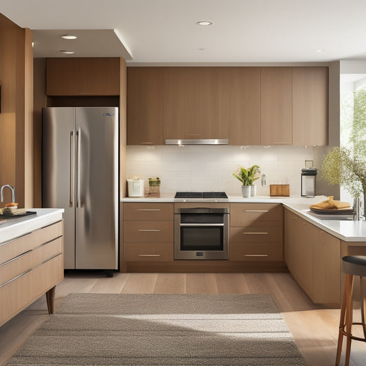 A sleek, modern kitchen with multiple island refrigerator drawer combos in the foreground, each with different finishes and hardware, set against a warm, beige background with subtle wood accents.