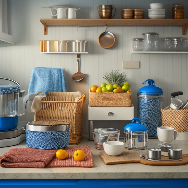 A tidy kitchen countertop with a few strategically placed baskets, a utensil organizer, and a small trash can, surrounded by a few neatly arranged kitchen gadgets and appliances.