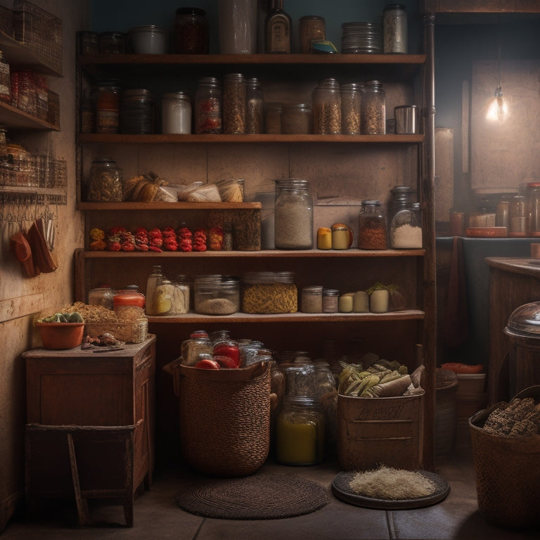 A dimly lit, cluttered corner pantry with shelves overflowing with expired canned goods, dusty jars, and tangled kitchen utensils, surrounded by worn-out floor tiles and peeling wallpaper.