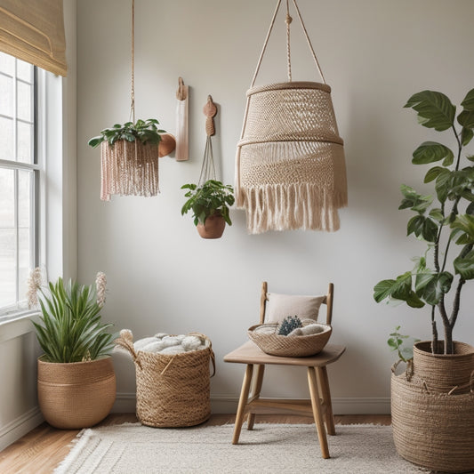 A bright, airy room with a mix of DIY decor projects: a macrame plant hanger, a refinished wooden side table, a gallery wall with mismatched frames, and a woven basket pendant light.