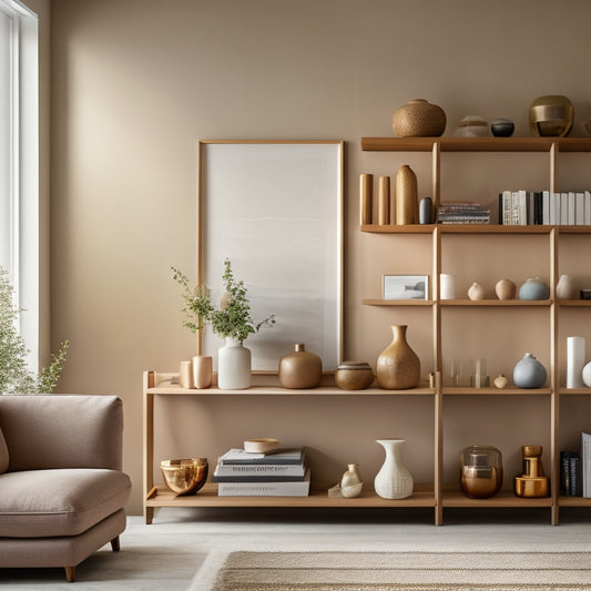 A modern, minimalist living room with sleek, floor-to-ceiling shelves in a warm wood tone, holding decorative vases, books, and a few framed photos, surrounded by a calm, neutral color palette.