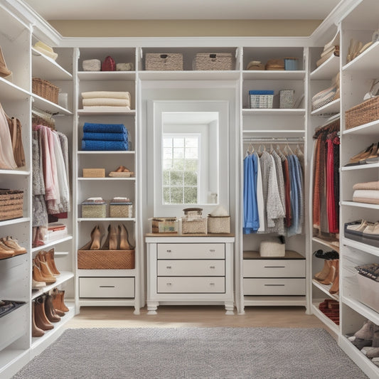 An organized walk-in closet with a mix of shelves, drawers, and hanging rods, featuring a corner carousel, a shoe rack, and a few well-placed baskets to maximize storage.