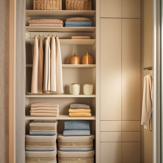 A serene, minimalist closet interior with neatly folded clothes stacked in rectangular baskets, rolled into cylindrical towers, and hung from velvet-covered shelves, surrounded by a calm, creamy background.