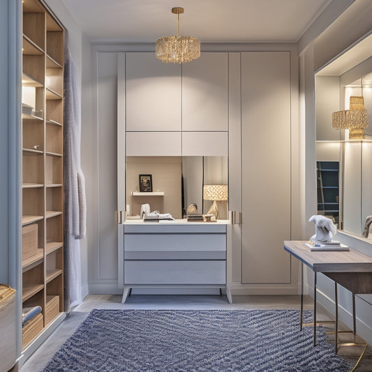 A serene, modern closet with sleek, floor-to-ceiling shelves, a minimalist desk, a plush area rug, and a few stylish baskets, illuminated by soft, warm lighting and a large, ornate mirror.