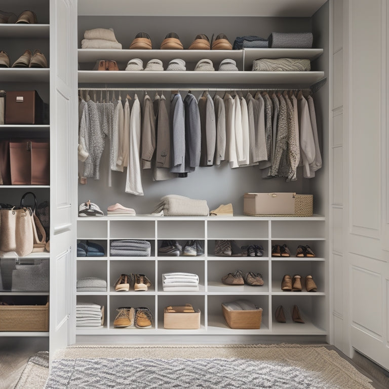 A serene, well-lit walk-in closet with soft gray walls, white shelves, and a wooden floor, featuring organized rows of shoes, folded clothes, and a few elegant storage bins.